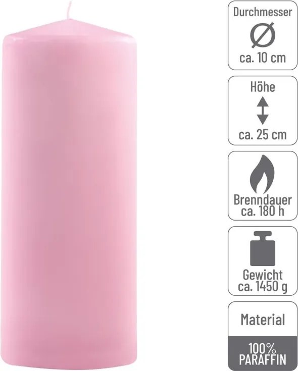 Zestaw słupkowych świec, 25 cm, Ø 10 cm, różowy, 2 sztuki.