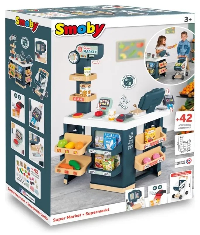 Smoby sklep supermarket z wózkiem kasą i elektronicznym skanerem