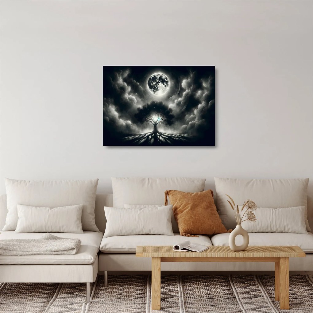Obraz na szkle – Czarno-białe drzewo w pełni księżyca (70x50 cm)