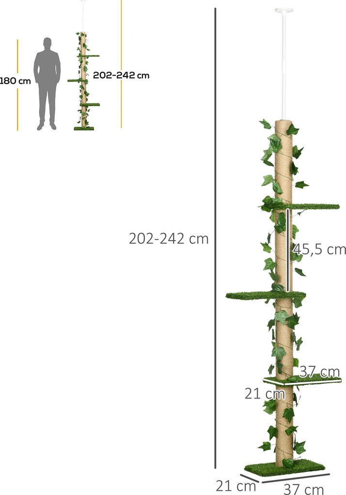 PawHut Regulowany Drapak 202-242 cm, Antypoślizgowy, Słupy z Juty, Płyta Wiórowa, Zielony/Żółty