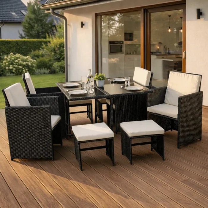 Zestaw Mebli Ogrodowych BONITO Czarny/Kremowy Fotele Pufy Stolik Technorattan Nowoczesny