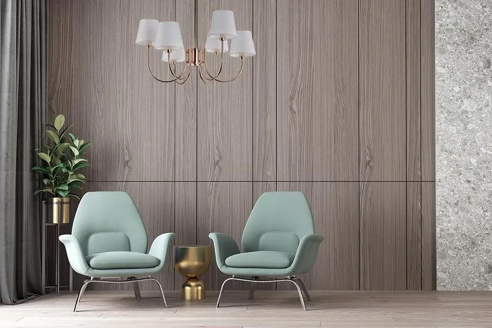 Złoty sześcioramienny żyrandol z tkaninowymi kloszami B0-S70