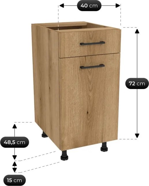 Zestaw Mebli Kuchennych MODERN 170 cm Czarny/Dąb Evoke Ryflowany Loftowy