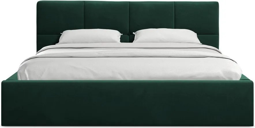Ciemnozielone aksamitne tapicerowane łóżko dwuosobowe ze schowkiem ze stelażem 140x200 cm Hiko – Makamii