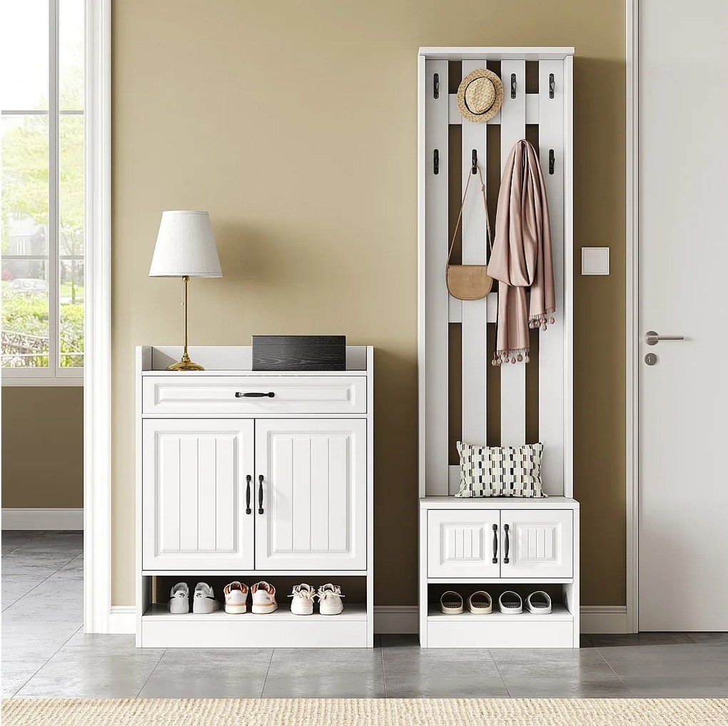 Komplet szafy z ławką na buty i szafką na buty + 8 wieszaków + 4 drzwi + 1 szuflada - płyta wiórowa - biały