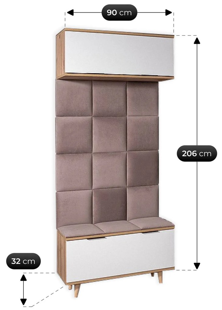 Zestaw do Przedpokoju P-012 90 cm z Szafką na Buty i Siedziskiem Biały/Dąb Artisan Tapicerowany Nowoczesny
