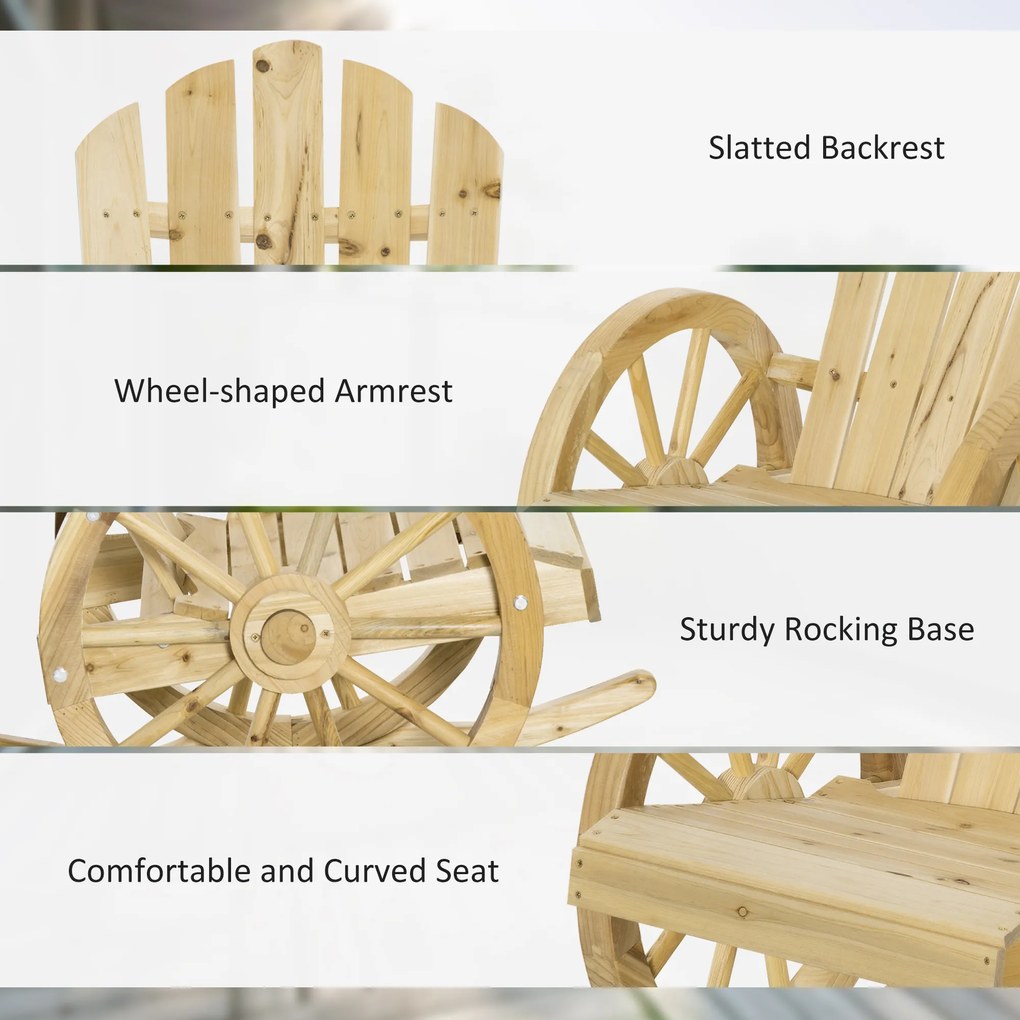 Outsunny Fotel bujany, rustykalny fotel relaksacyjny, krzesło ogrodowe z designem na kółkach, fotel bujany, drewno lite, naturalne drewno, 68 x 88 x 92 cm