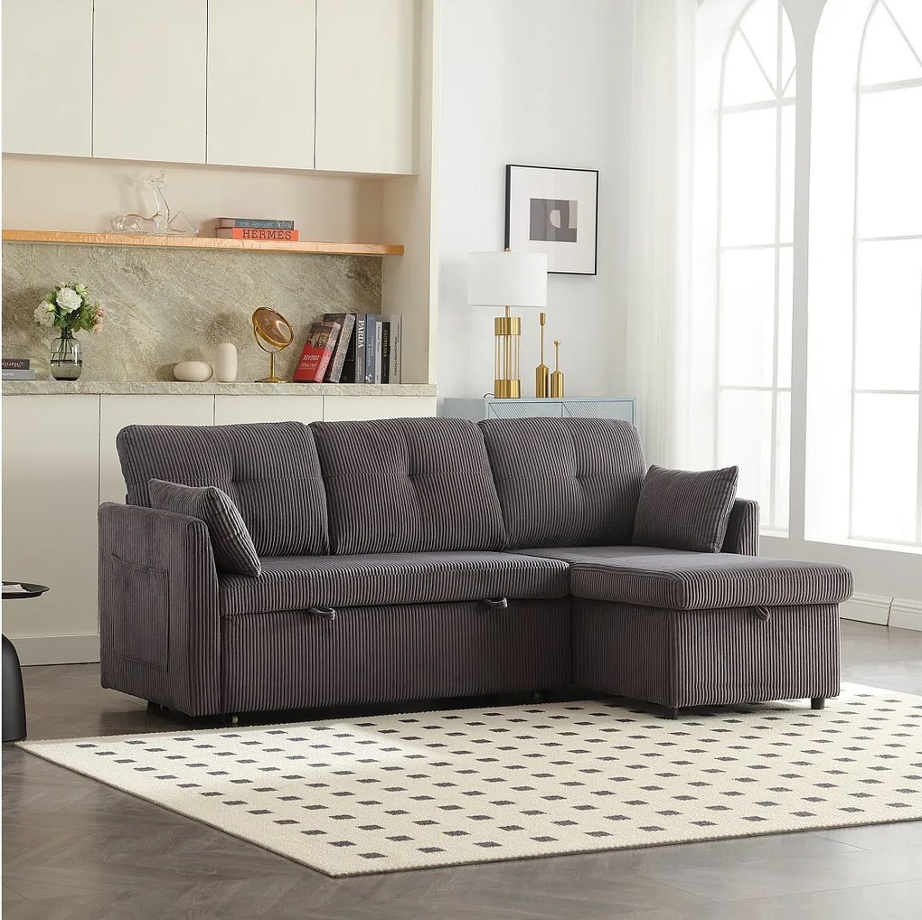 Narożnik - sofa z poduszkami i schowkiem na siedzisko - boczne kieszenie - ciemnoszary