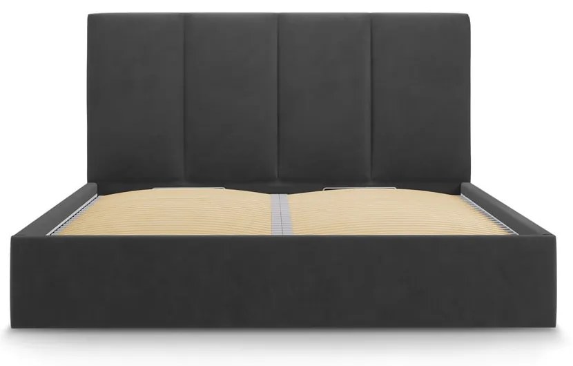 Ciemnoszare tapicerowane łóżko dwuosobowe ze schowkiem ze stelażem 140x200 cm Juniper – Mazzini Beds