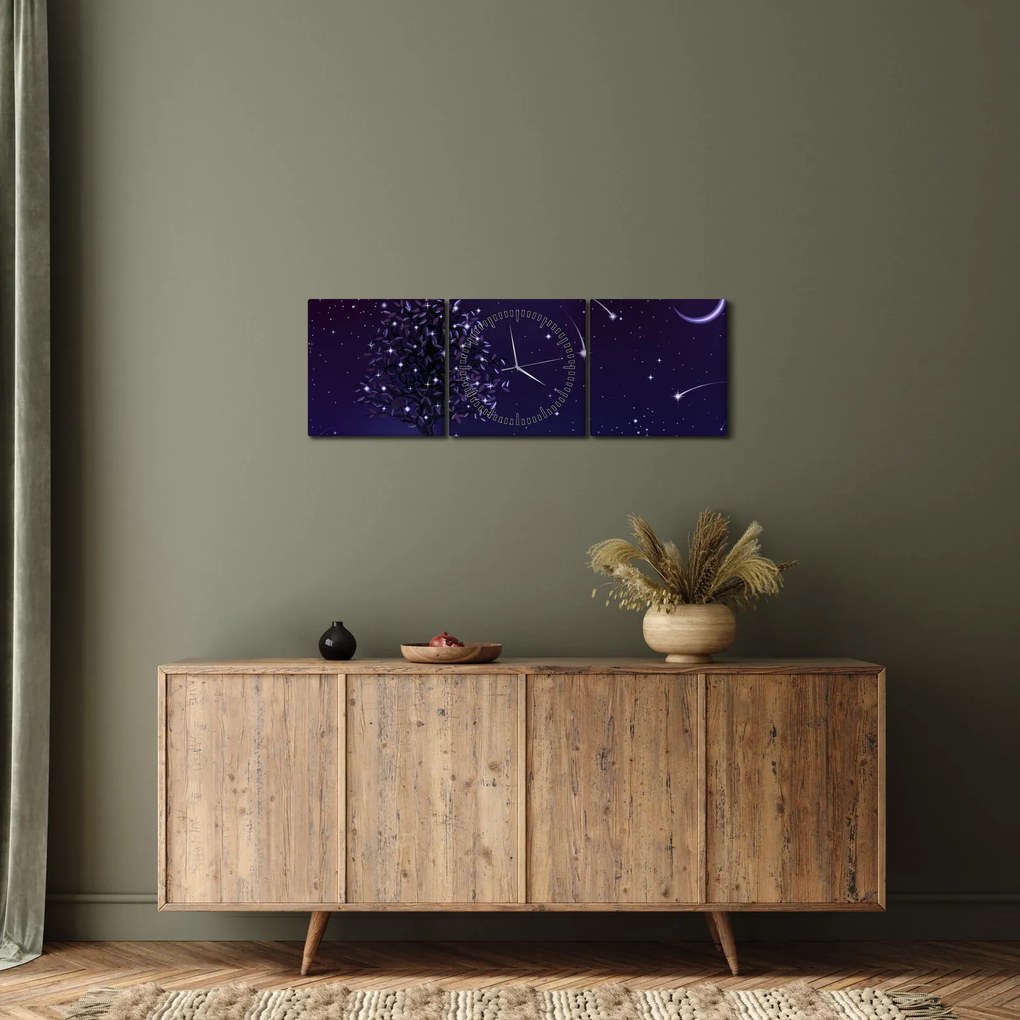 Obraz - Noc uchwycona przez ilustrację (z zegarem) (90x30 cm)