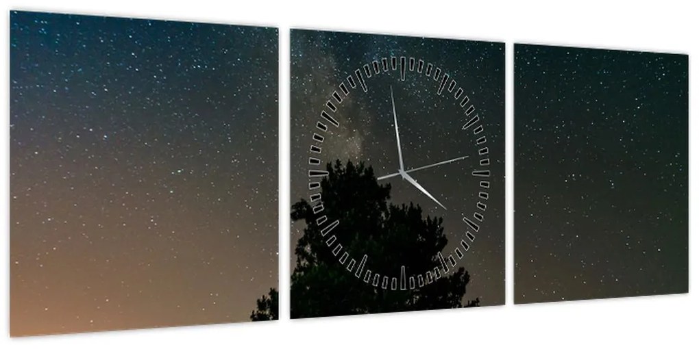 Obraz nocnego nieba z drzewami (z zegarem) (90x30 cm)