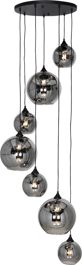 Lampa wisząca w stylu art deco czarna z przydymionym szkłem okrągła 7-światłowa - Sandra