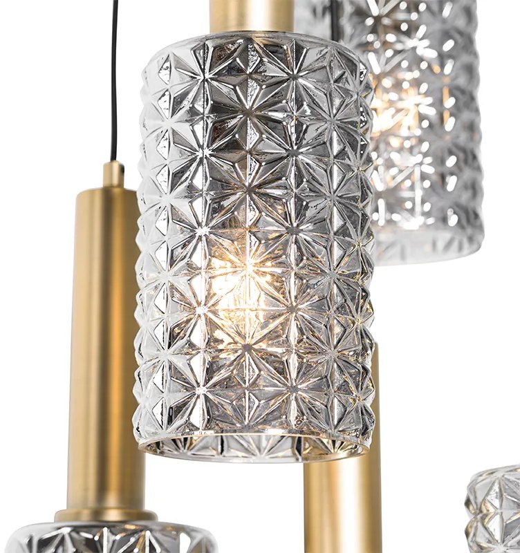 Lampa wisząca złota z dymionym szkłem okrągła 5-światłowa - Elva ArtDeco Oswietlenie wewnetrzne