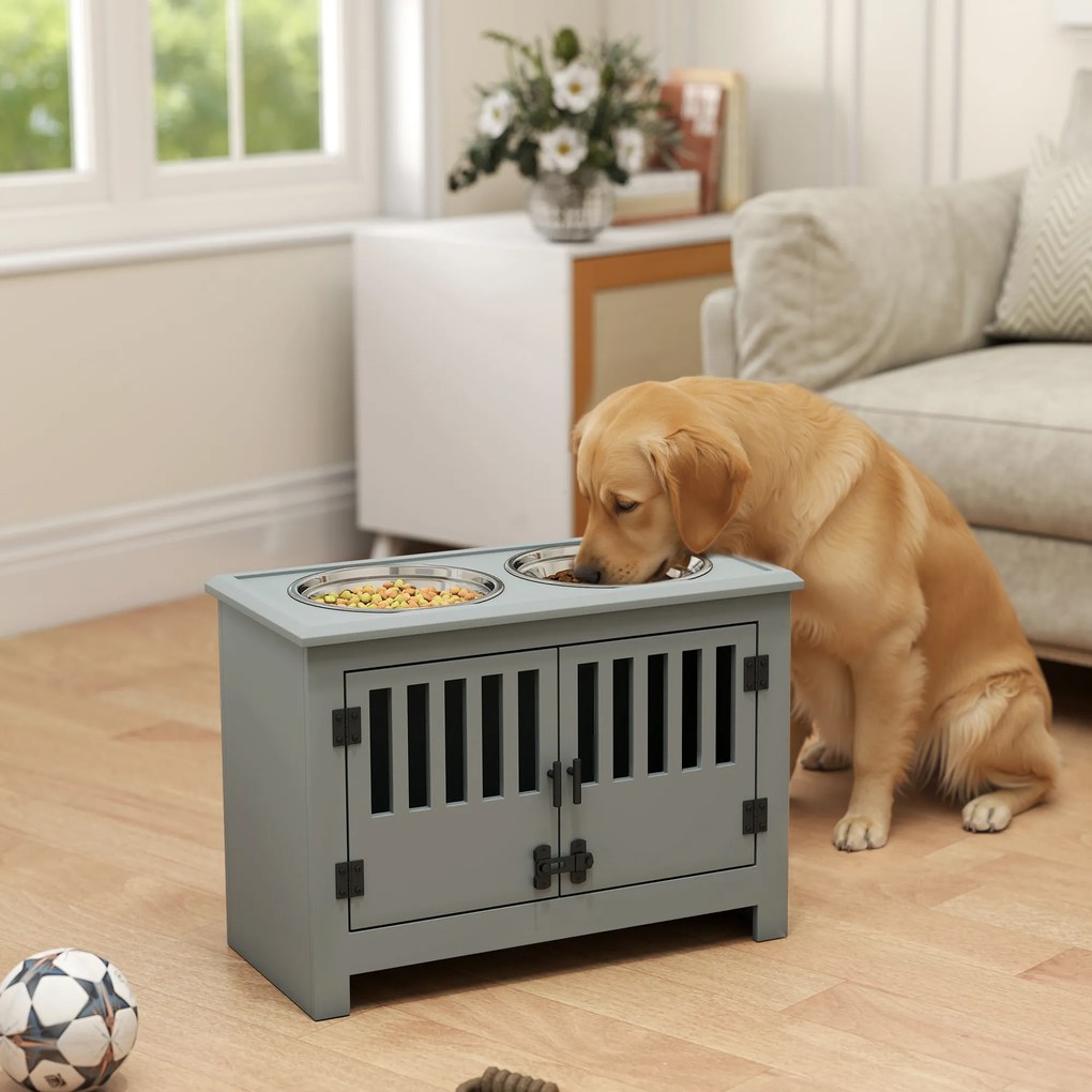 PawHut Podwyższona Stacja Karmienia dla dużych psów, 2 miski ze stali nierdzewnej, pojemnik, 35,5x60x30 cm, Szary