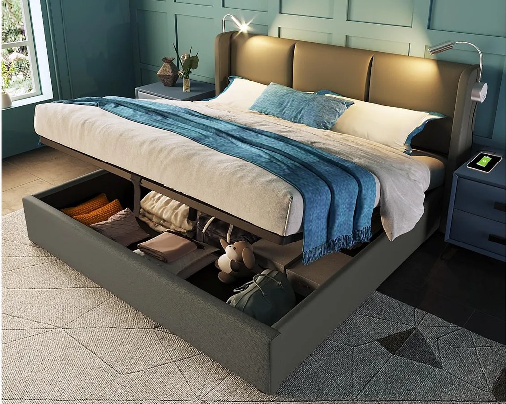 Łóżko z pojemnikiem 160x200cm z ekoskóry - z lampkami do czytania i portami USB - z stelażem na listwach - Szare