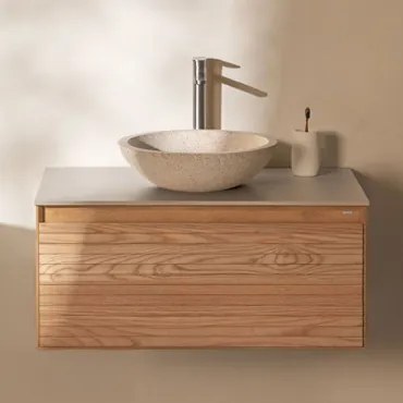 Zestaw Wiszących Mebli Łazienkowych 80x50 Cm Z Drewna Jesionowego Tedrik Popielaty Brąz & Cement Okrągły - Sklum