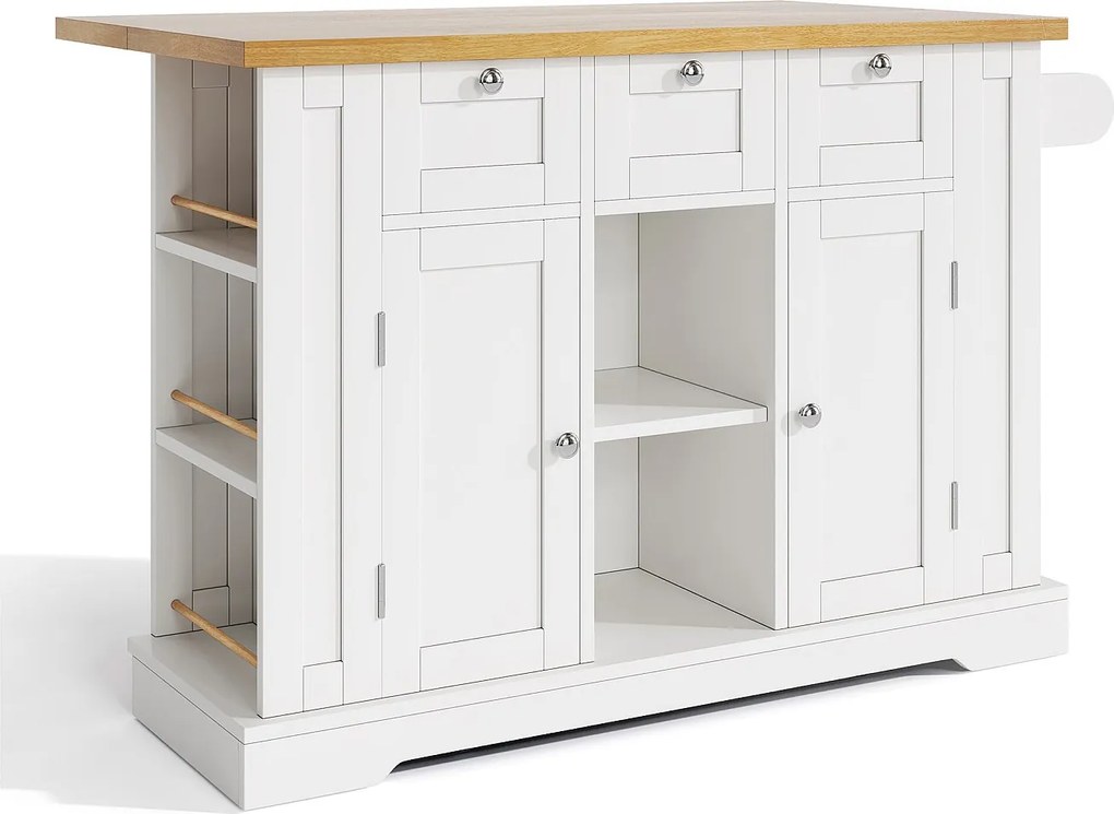 Biały wózek - Wyspa kuchenna z 2 drzwiami i 3 szufladami - półka na przyprawy i 5 kółek - do kuchni i jadalni