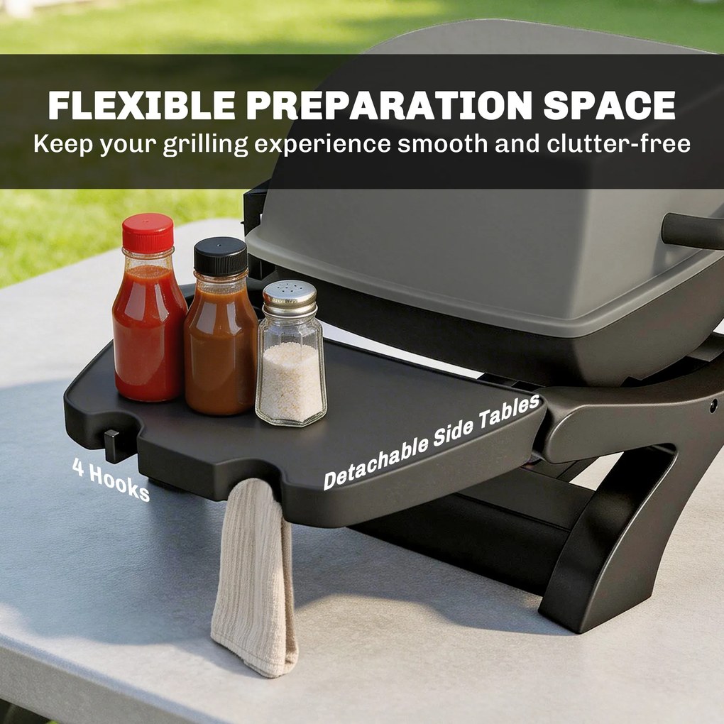 Outsunny Grill gazowy 3,3 kW Stołowy grill z 1 palnikiem składane boczne stoliki ruszty żeliwne wyjmowana taca na tłuszcz | Aosom PL