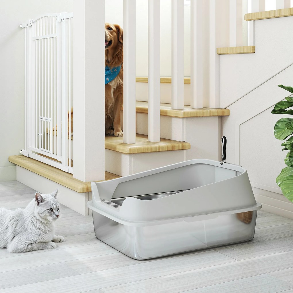 PawHut Kuweta ze stali nierdzewnej otwarta z łopatką, wysokie ścianki dla dużych kotów do 12 kg, 69,8 x 50,3 x 29,8 cm, Szara | Aosom PL