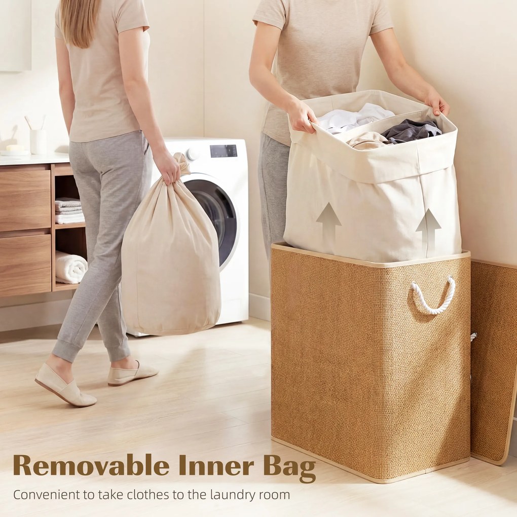 HOMCOM Kosz na pranie z bambusa z pokrywą 2 komory 100 L, kosz na bieliznę z uchwytami z liny, wymienny worek na pranie