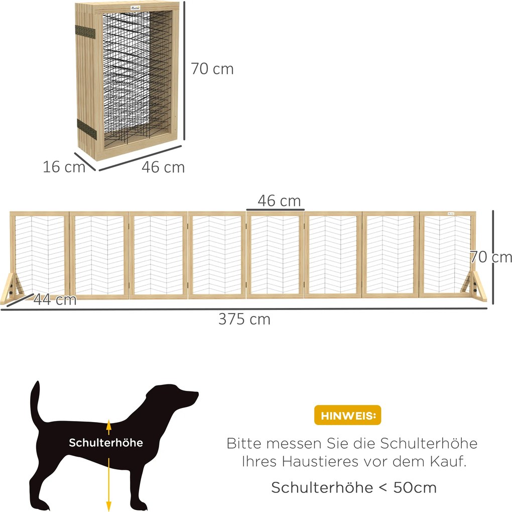 PawHut Brama dla psa, ochraniacz schodowy, panelowana, z drewna sosnowego, 375 cm x 44 cm x 70 cm, Naturalne