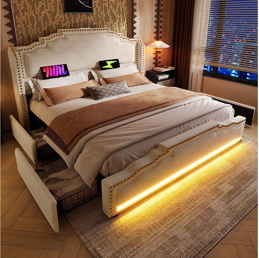 Łóżko tapicerowane podwójne ze schowkiem - 140 x 200 cm - z diodami LED + USB-C + 4 szuflady - aksamit - beż
