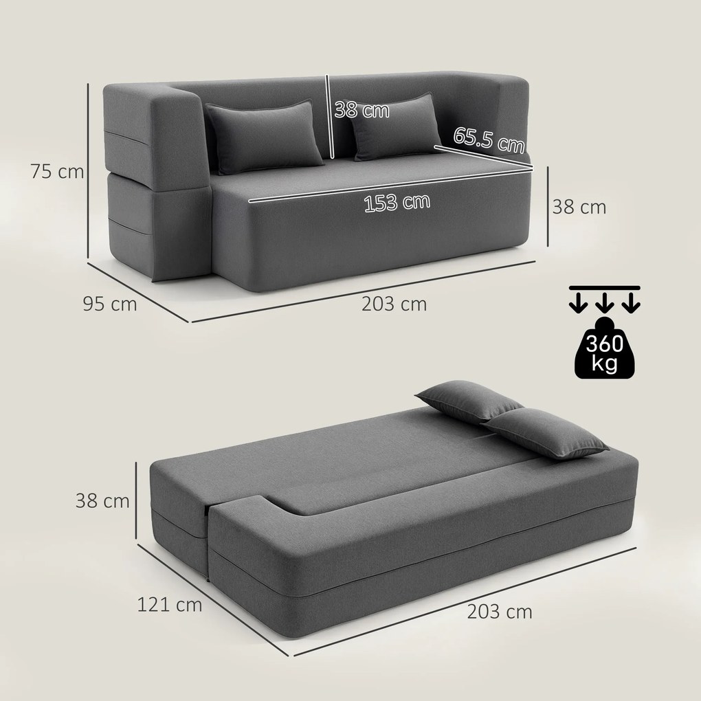 HOMCOM 2-osobowa sofa rozkładana z pianki, sofa rozkładana z szerokimi podłokietnikami, 2 poduszki, nośność 360 kg, szary