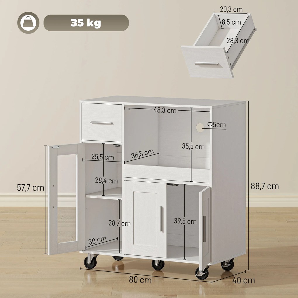 HOMCOM Szafka kuchenna na kółkach, mobilna komoda kuchenna z półkami, szufladami, regulowaną półką, otworem na kabel, biały