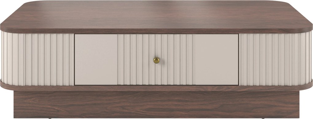 Stolik kawowy Vesper 103x60 cm z szufladą na cokole - kaszmir / orzech / złoty uchwyt