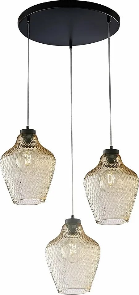 Lampa wisząca Maya z czarnego lakierowanego żelaza, regulowane kable, klosze z bursztynowego szkła dmuchanego z dekoracją reliefową, 3 światła