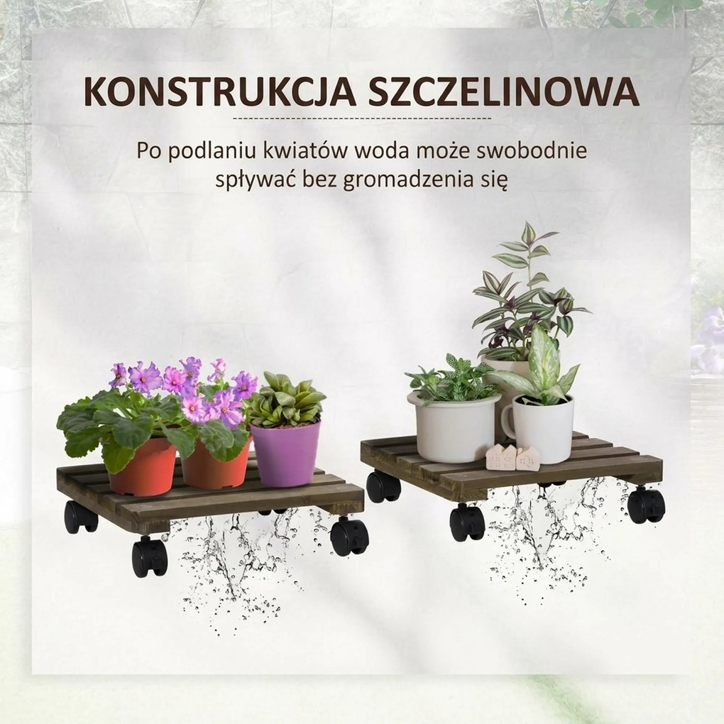 Outsunny zestaw 2 przenośnych stojaków na rośliny z litego drewna na kółkach z hamulcami idealne do domu i ogrodu Brązowy i Czarny | Aosom PL