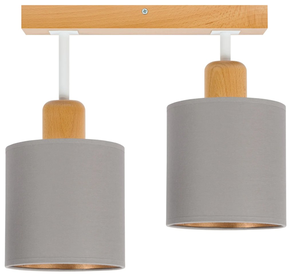 Szara lampa sufitowa, dwupunktowy spot CL-DWE30x7BU-GR z drewna E27