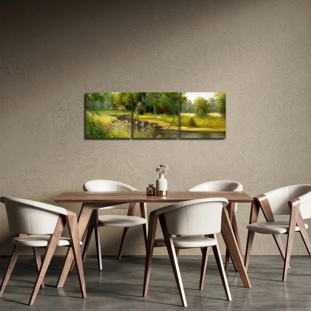 Obraz - Rzeka przy lesie, obraz olejny (z zegarem) (90x30 cm)