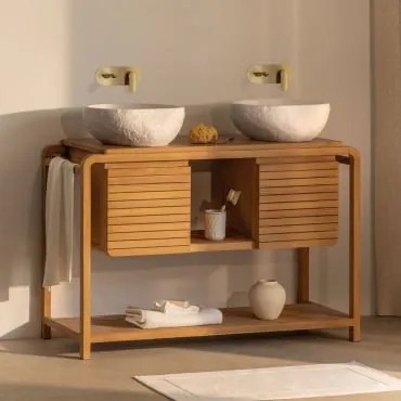 Zestaw Mebli Łazienkowych Bradley Z Drewna Tekowego 2 X Nieregularna Z Biały Cementu ↔︎40 Cm Fedro & Bezlusterkowiec - Sklum