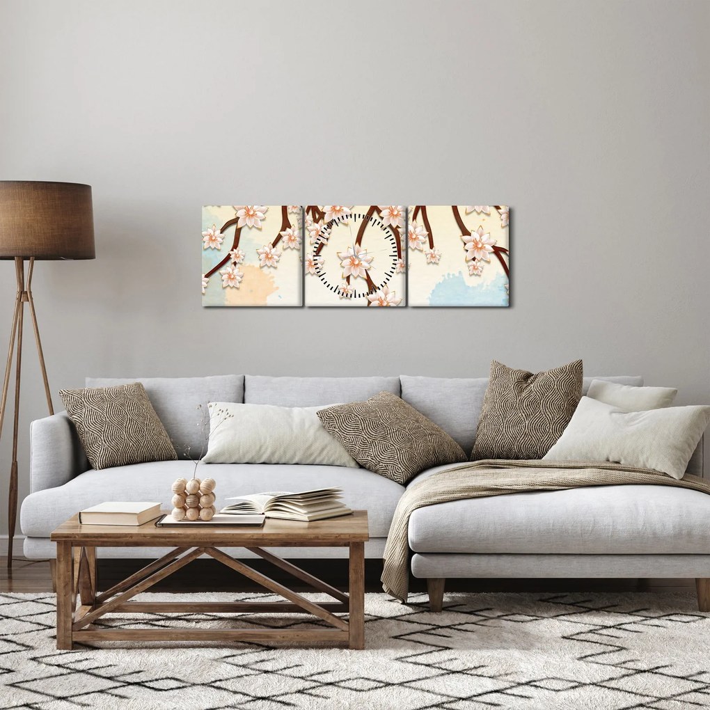 Obraz - Kwiaty na gałęziach, kolorowe (z zegarem) (90x30 cm)