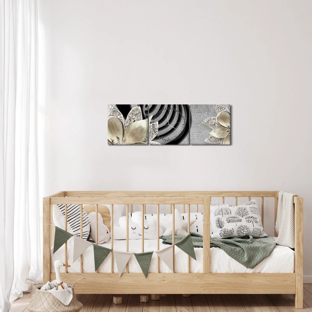 Obraz - 3D złote kwiaty (z zegarem) (90x30 cm)
