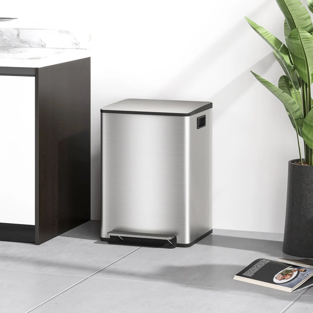 HOMCOM Kosz na śmieci z 2x30 l komorami, pokrywą Soft-Close, stal nierdzewna, srebrny | Aosom PL