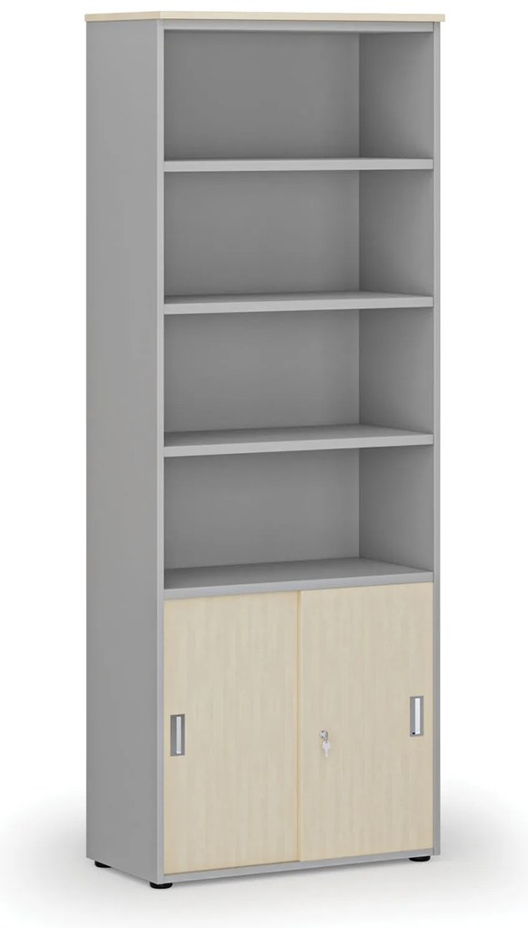 Szafa biurowa kombinowana PRIMA GRAY, drzwi przesuwne na 2 poziomach, 800 x 420 x 2128 mm, szary/brzoza