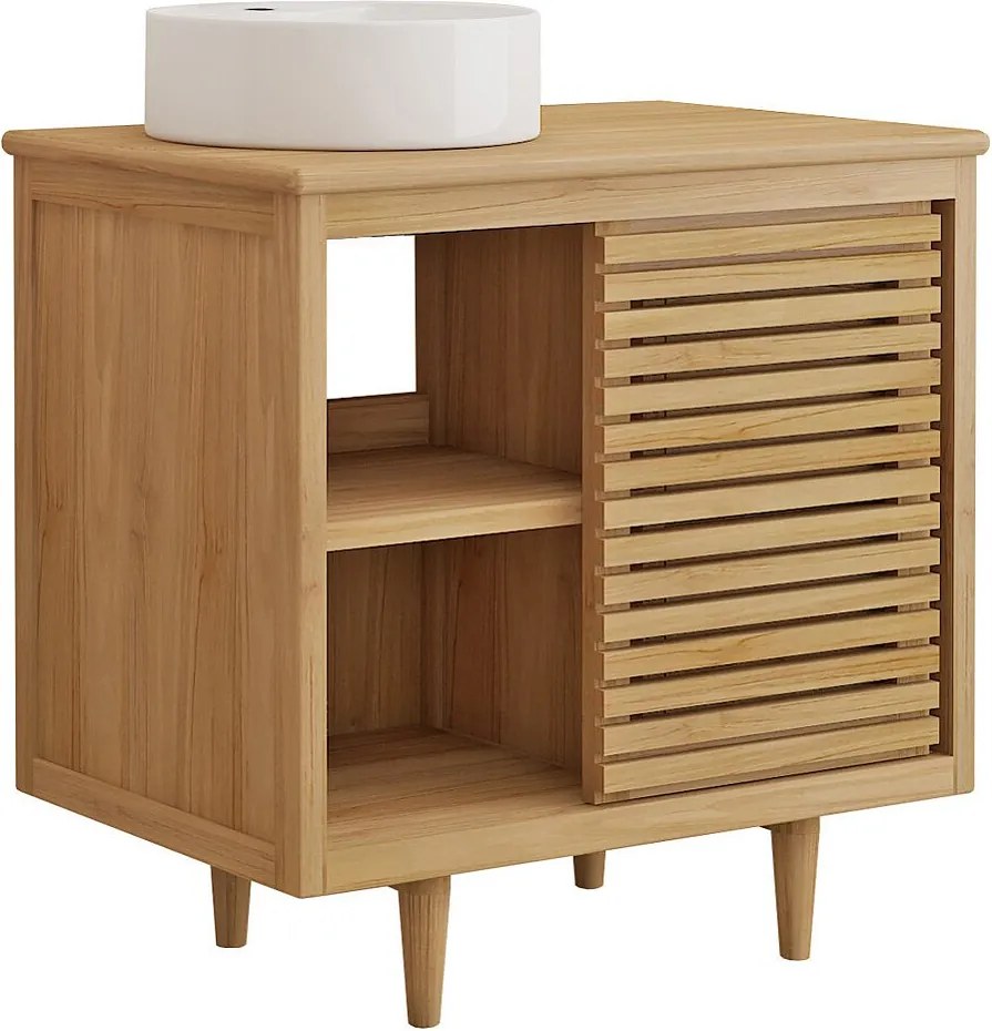 Szafka łazienkowa na nogach z drewna tekowego z okrągłą umywalką nablatową ceramiczną - S80 cm - TORAJA