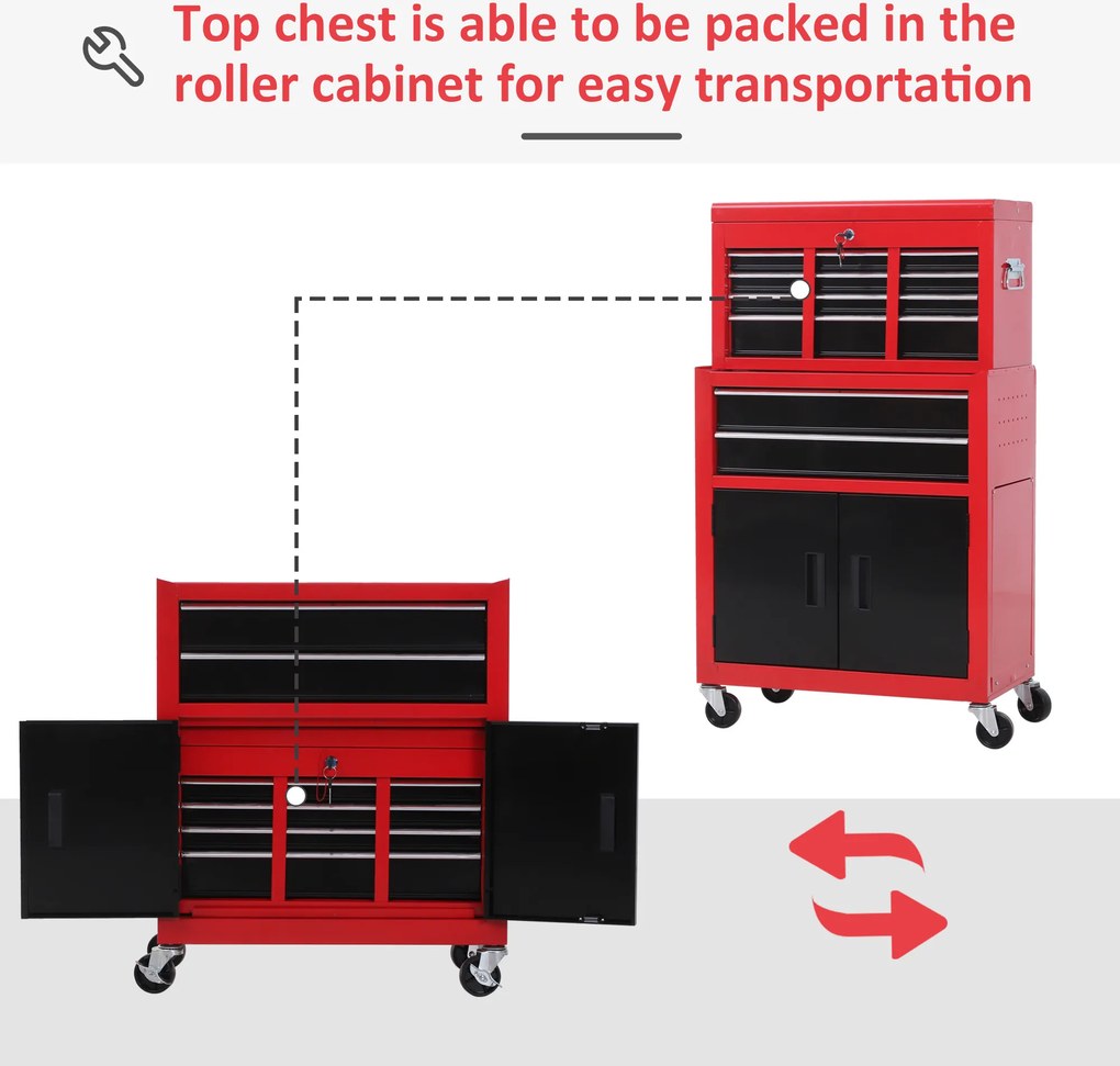 HOMCOM Szafka na narzędzia z skrzynką, na kółkach, 6 szuflad, Metal, Czerwona