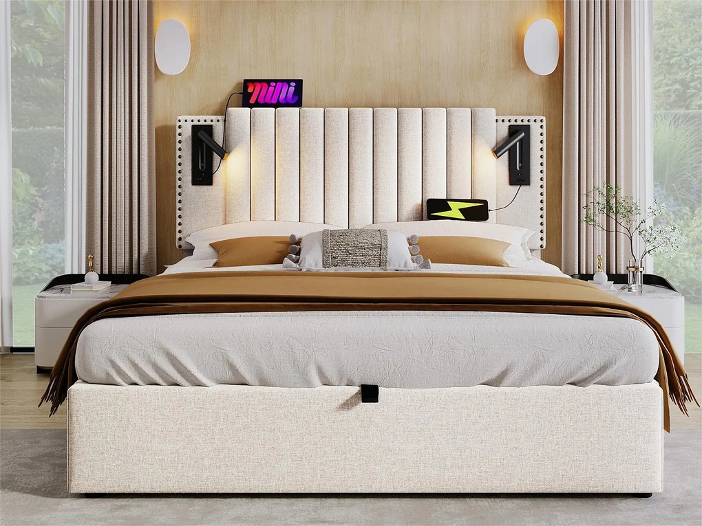 Łóżko z pojemnikiem 180x200cm z tkaniny bawełnianej - z lampkami do czytania i portami ładowania USB - z stelażem na listwach - Beżowe