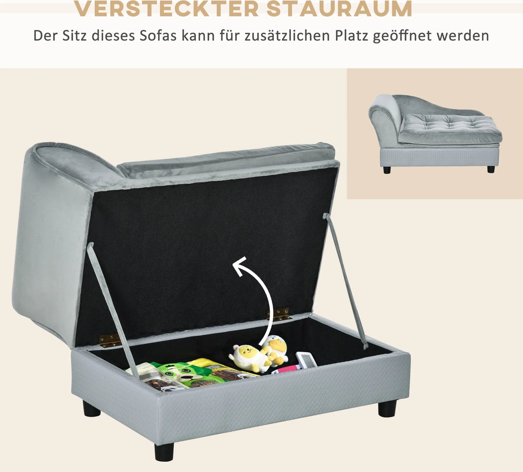 PawHut Sofa dla psa z matą i skrzynią, drewno+plusz, jasnoniebieski, 76x45x41,5cm | Aosom PL