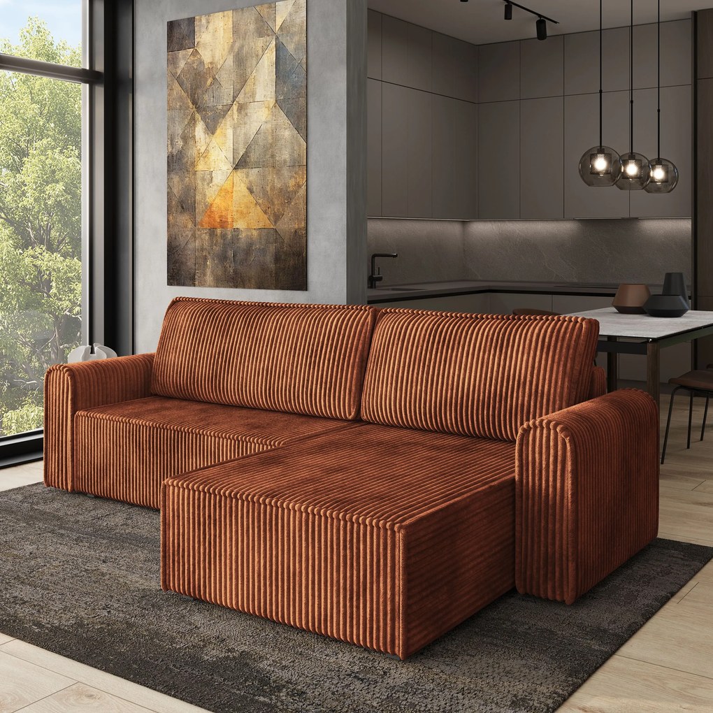 Masseno Narożnik VALTINO z funkcją spania i pojemnikiem na pościel Narozniki L, Rozkładana sofa - Brązowy, TILIA 52