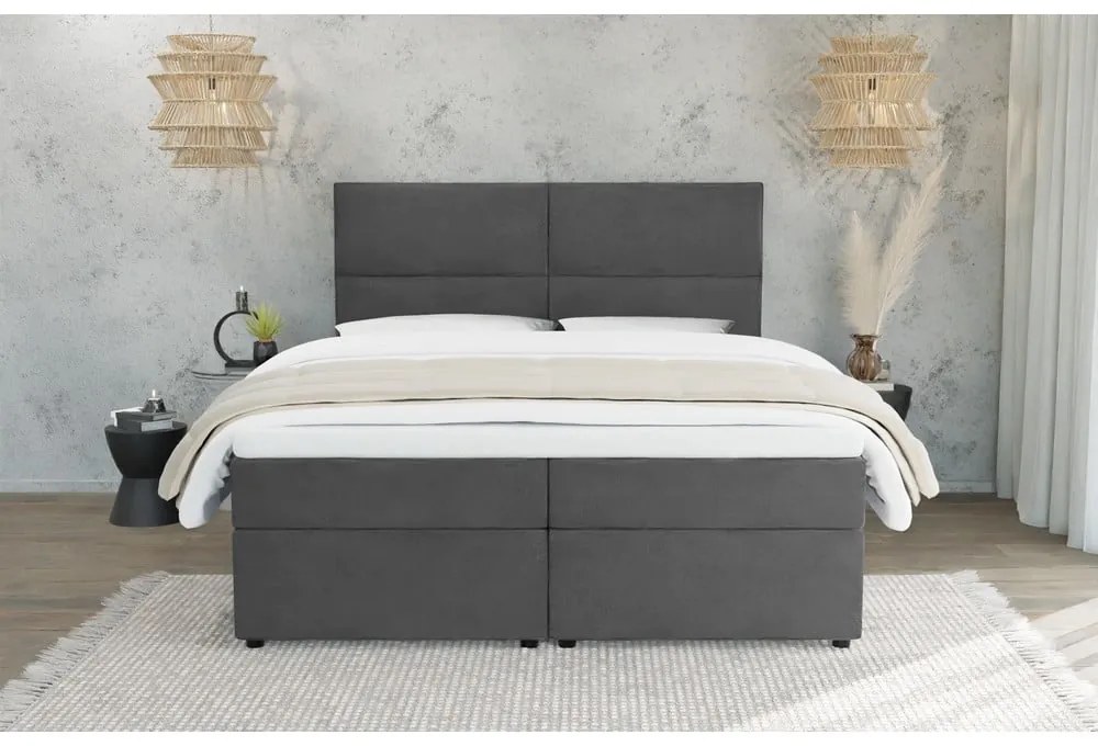 Ciemnoszare łóżko boxspring ze schowkiem 200x200 cm Rico – Ropez