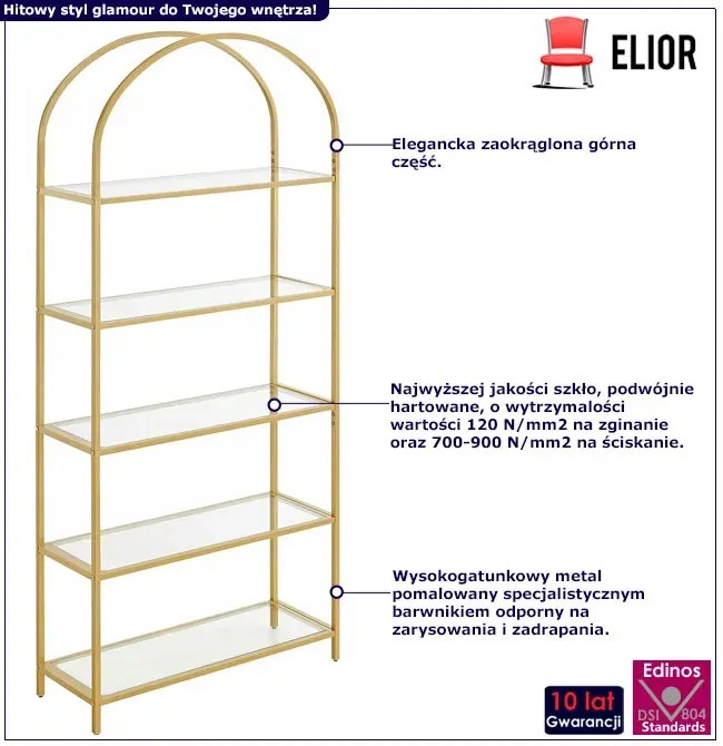 Złoty regał szklany z 5 półkami w stylu glamour - Lupis