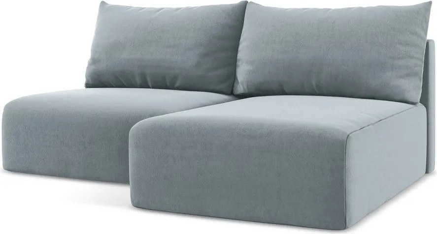 Niebieski aksamitny rozkładany narożnik ze schowkiem (prawostronny/z szezlongiem) Kalena – Makamii