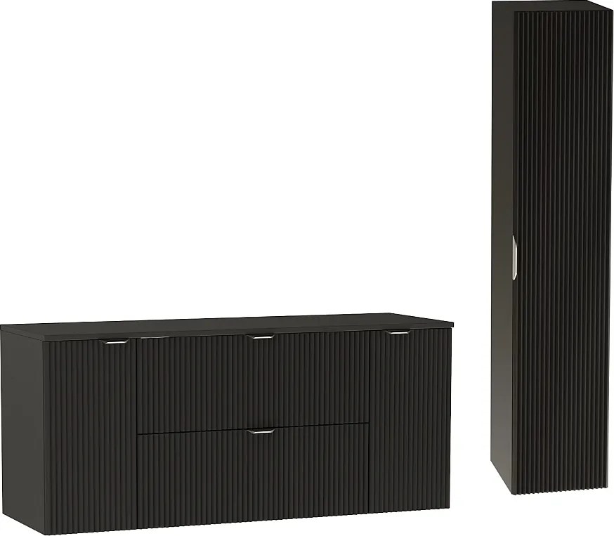 Czarny Zestaw do Łazienki 140cm Szafka Blat Słupek Ryflowane Fronty