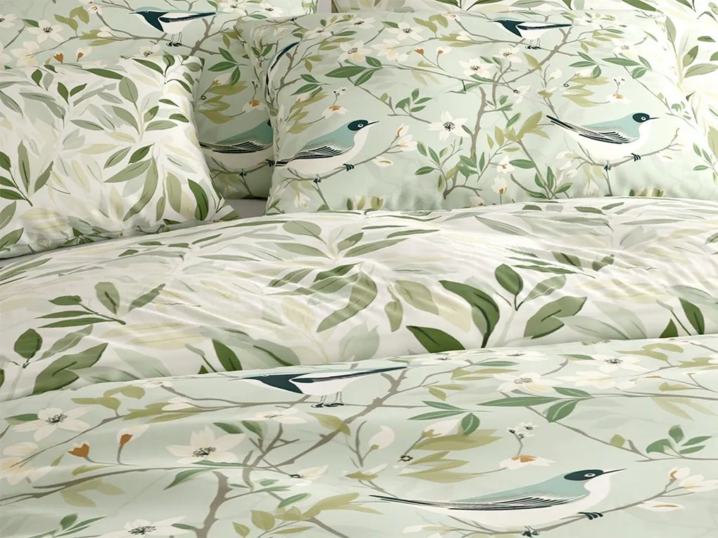 PrzytulneMieszkanie.pl PrzytulneMieszkanie.pl Bawełniana pościel FLORIBIRD POLY zielona Rozmiar pościeli: 2 szt 70 x 90 cm | 200 x 220 cm