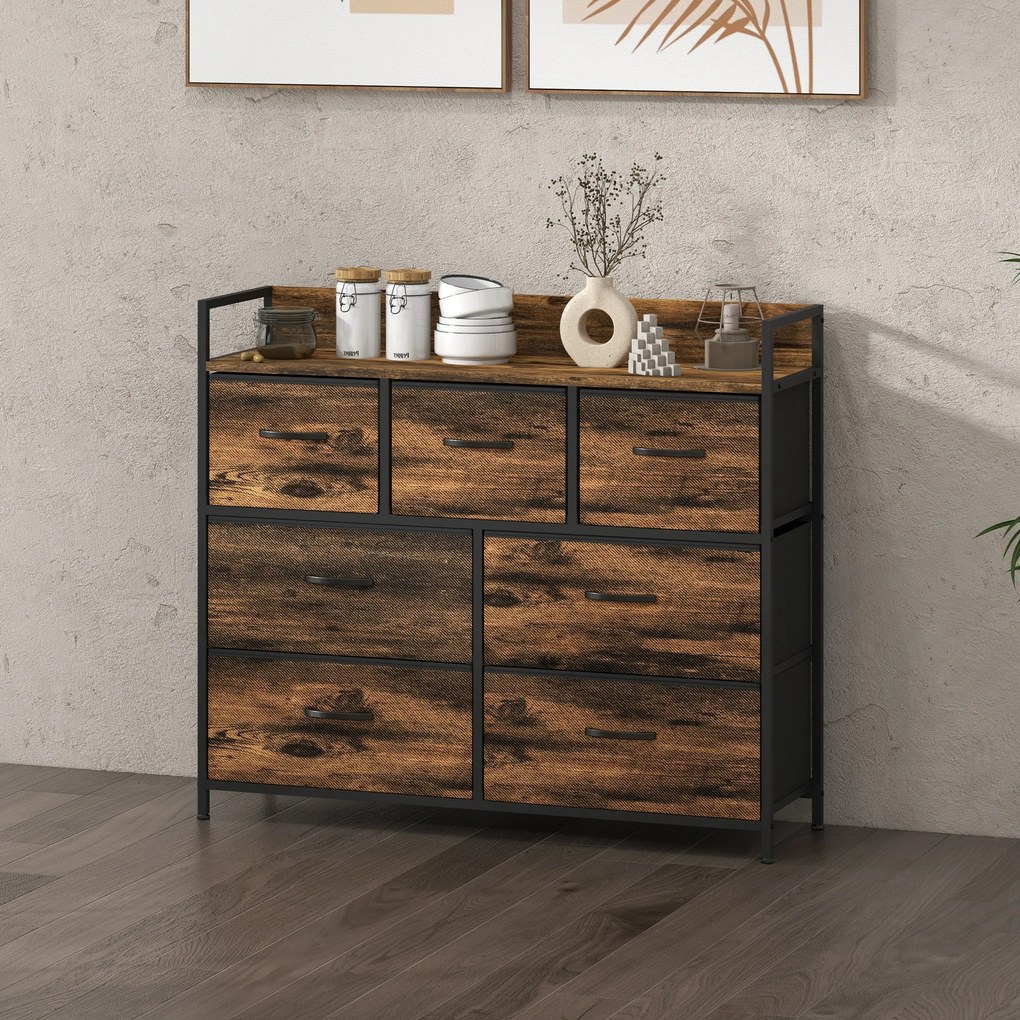 HOMCOM Komoda z 7 Szufladami z Tkaniny, Design Industrialny, Stalowa Rama, 98x29x85cm, Brąz/Czarny