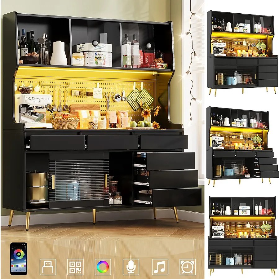 Nowoczesna komoda kuchenna - 145 x 39 x 171 cm - z diodami LED + 6 szuflad + drzwi + półka i perforowana ścianka - MDF + szkło - czarna